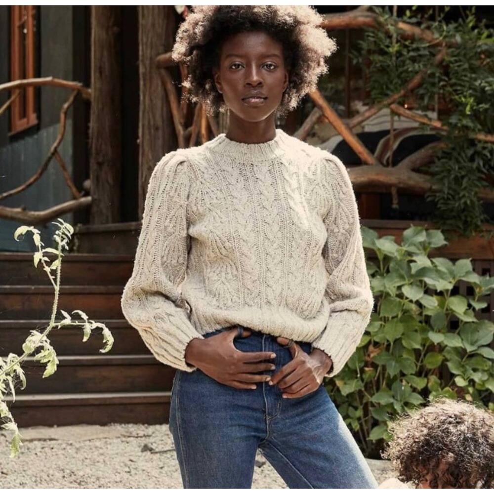 DOEN Cable Knit Sweater Women XS‎ Oatmeal Recycled Wool Puff Sleeve Excellent